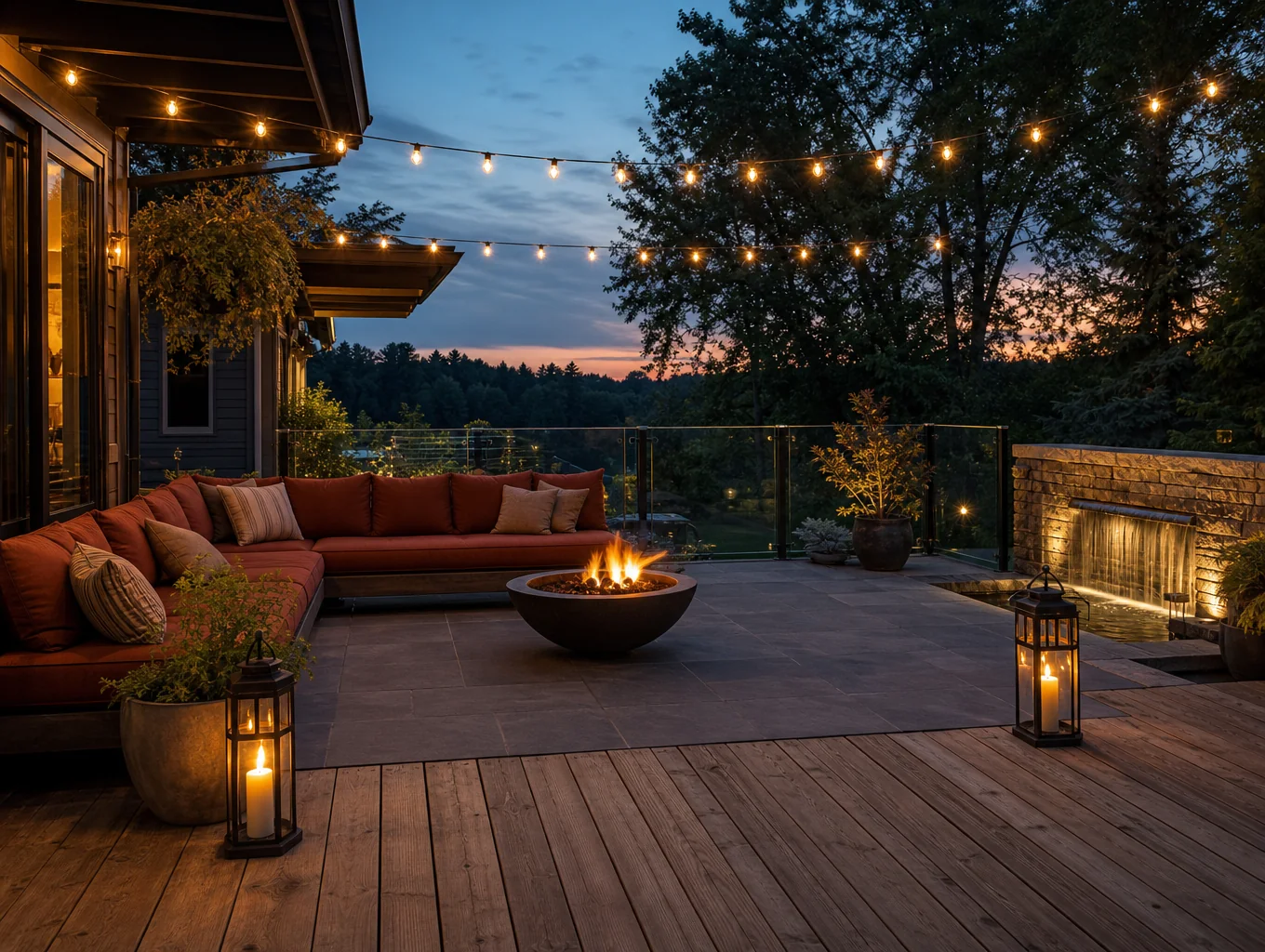 Illustrative example: Outdoor living space with vaulted timber roof and stacked stone fireplace