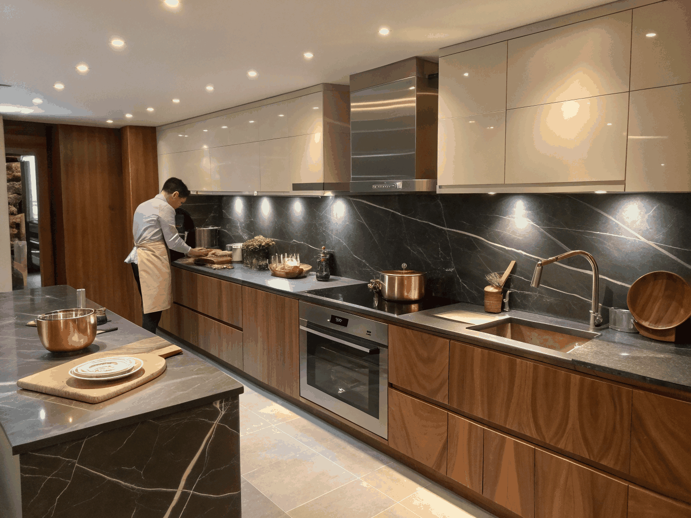 Illustrative example: Gourmet kitchen with handcrafted backsplash tile and warm under-cabinet lighting