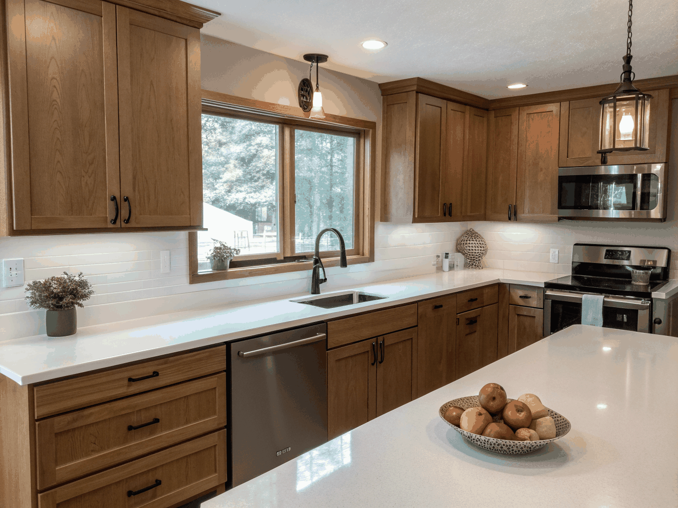 Illustrative example: Custom kitchen renovation with natural white oak cabinetry and quartzite island