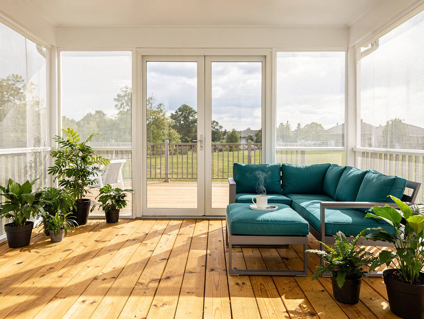 Bright sunroom addition with large windows overlooking the yard