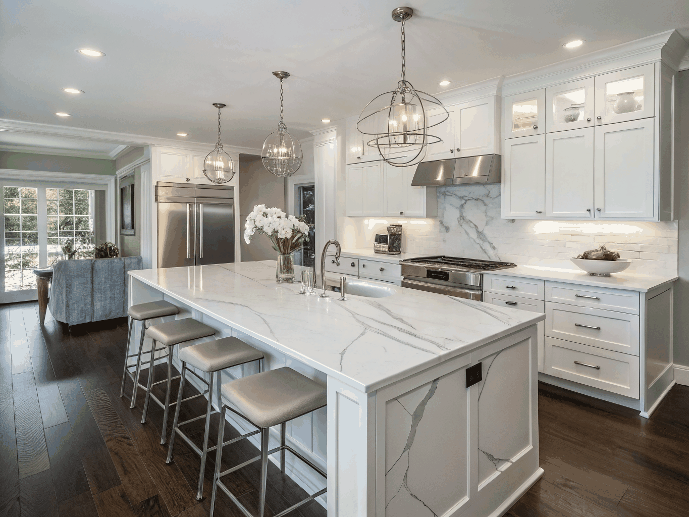 Illustrative example: Spacious culinary kitchen with marble surfaces and artisan pendant lighting