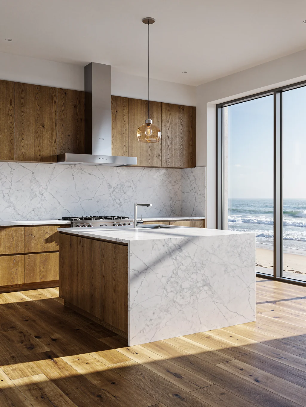 Custom kitchen with rift-sawn white oak cabinetry and honed marble countertops in Canton, Georgia