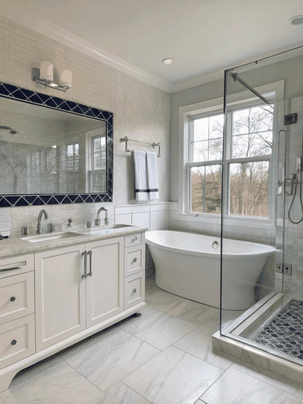 Illustrative example: master bathroom remodel in Cherokee County featuring white oak vanities and freestanding tub