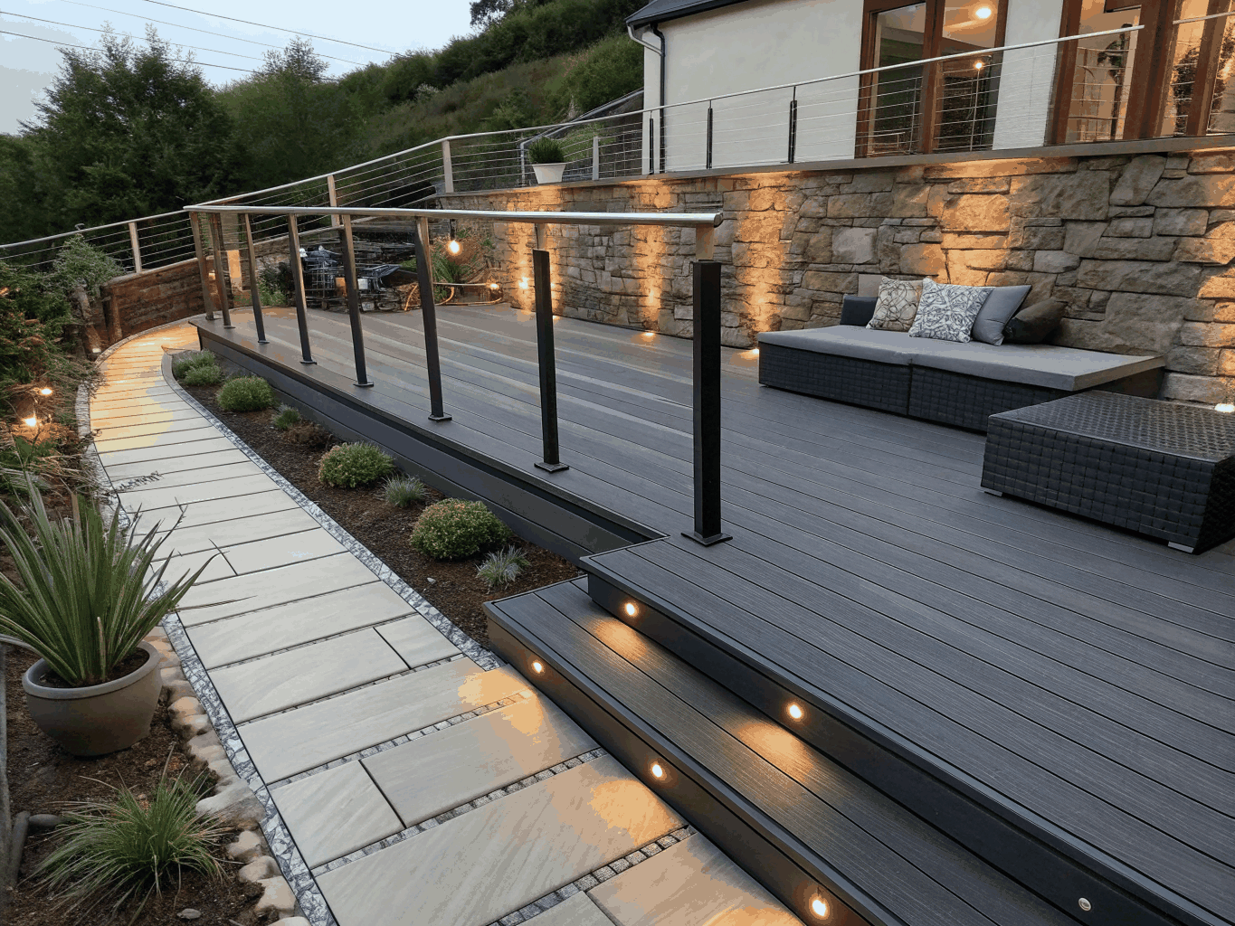 Custom multi-level composite deck with metal railings and woodland view in Canton, Georgia