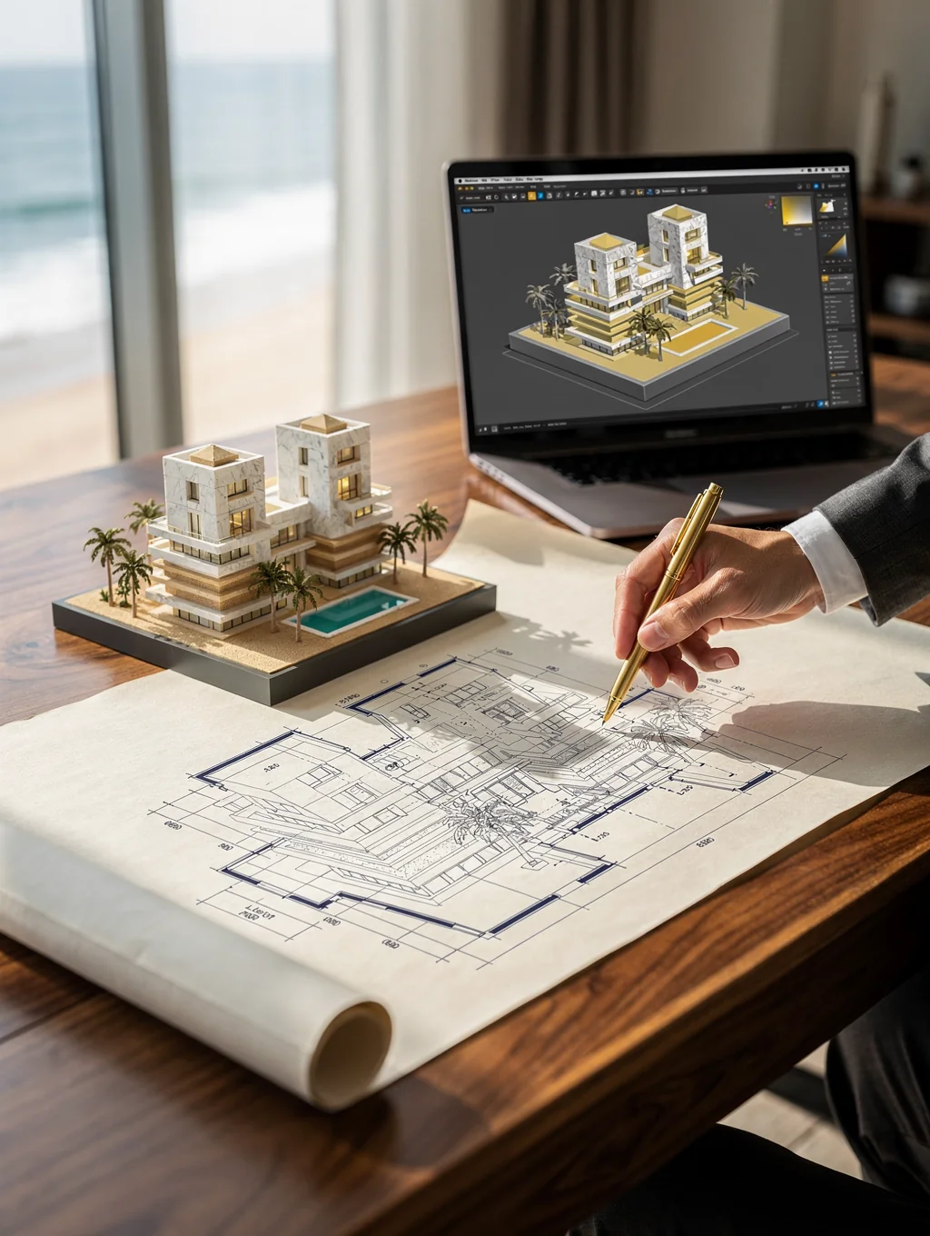 Design and construction consultation blueprints on warm timber table