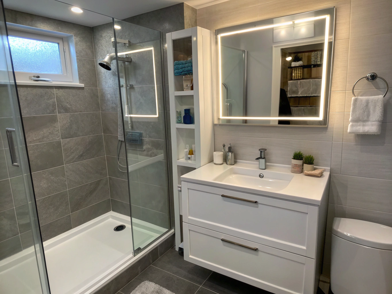 Illustrative example: Bright master bathroom remodel with dual vanity and honed stone tile