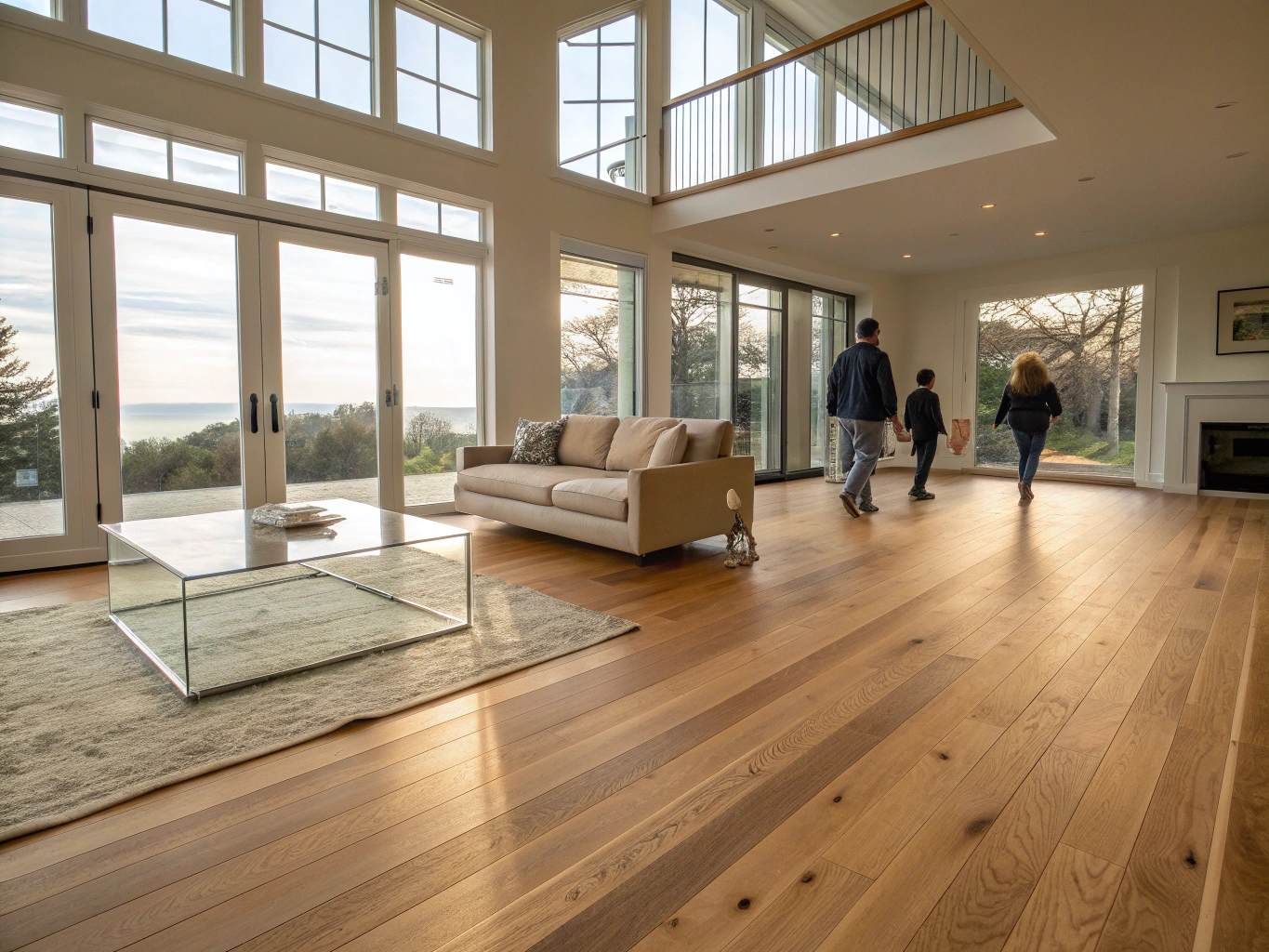 Open-concept residential renovation featuring wide-plank white oak flooring and timber beams in Canton, GA