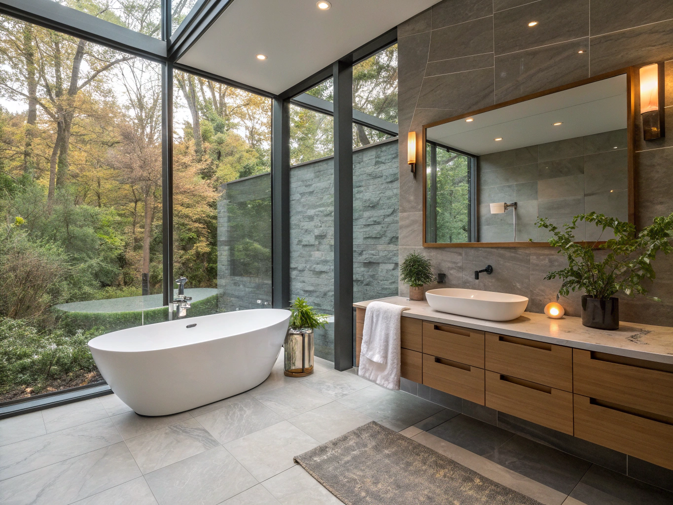 Illustrative example: Spa-inspired bathroom renovation featuring freestanding soaking tub and glass shower