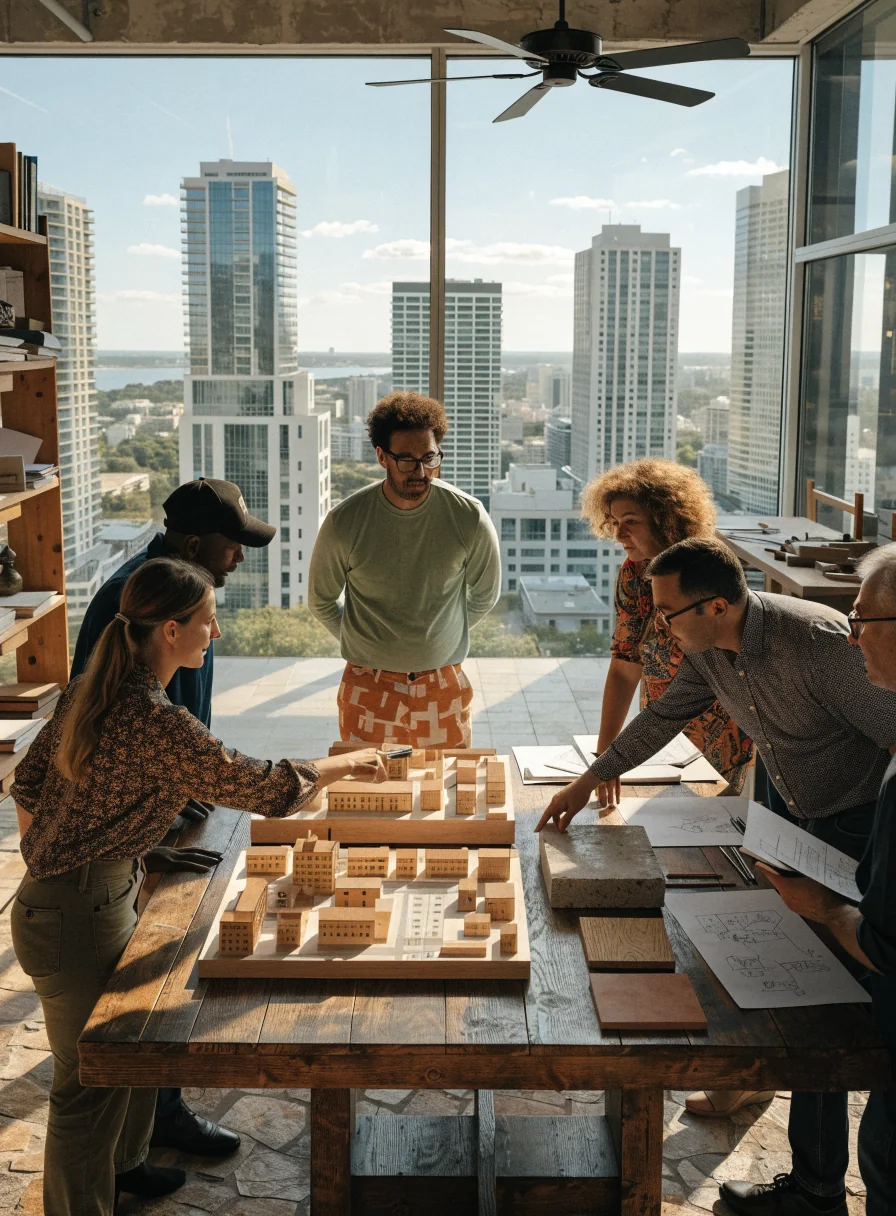 Architectural designers and craftsmen reviewing blueprints and natural timber samples on a drafting table