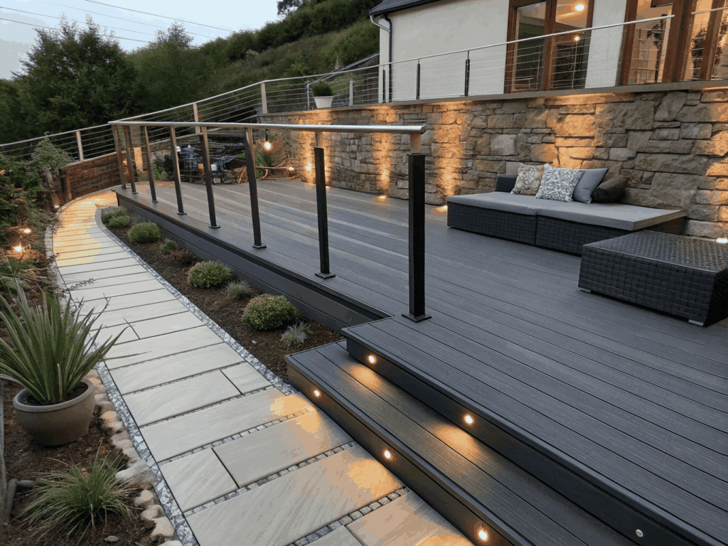 Elevated composite deck with a pergola and stairs to the yard